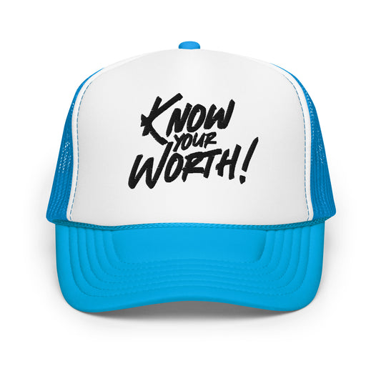 KNOW YOUR WORTH! BLK EMBROIDERED TRUCKER